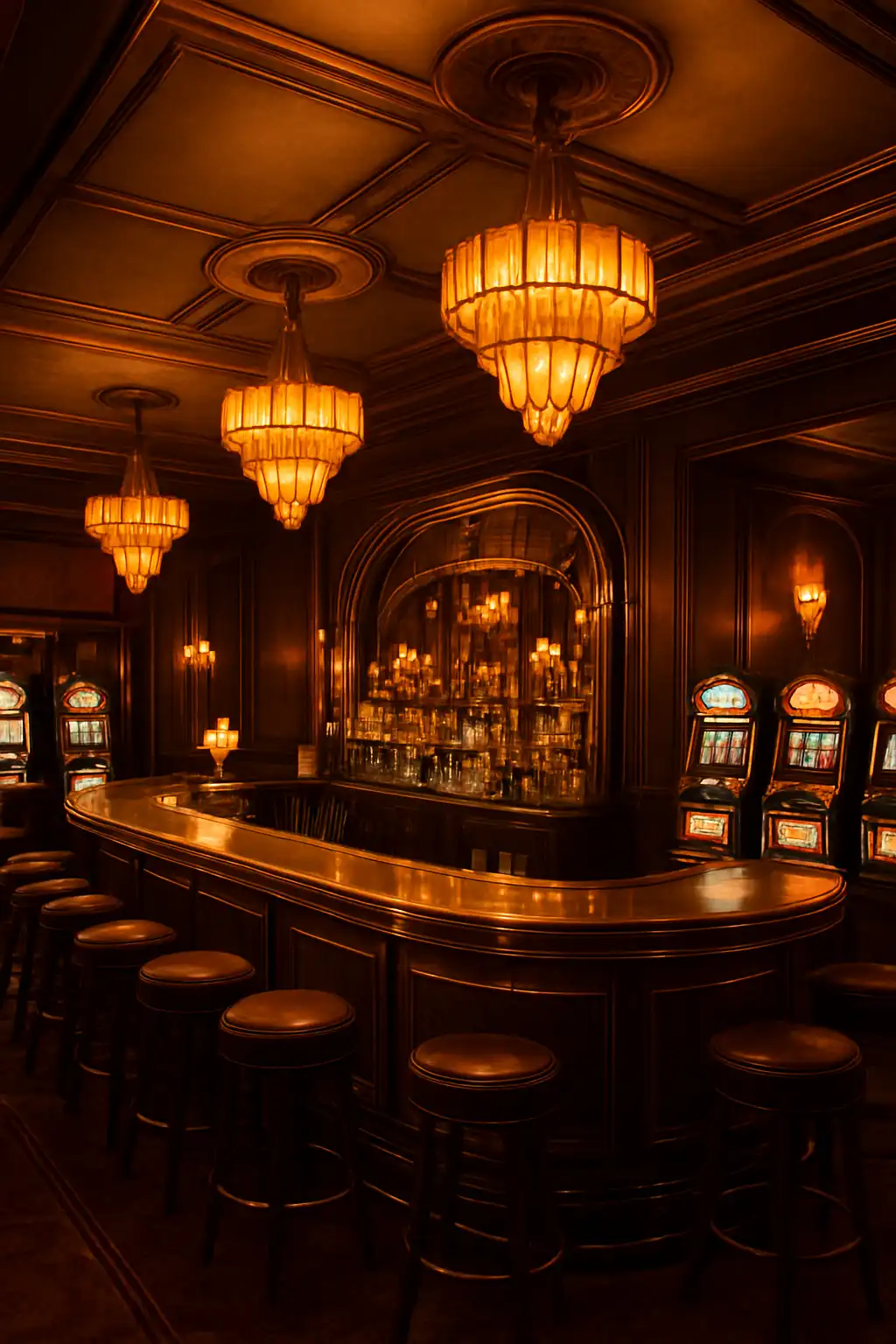 Art deco casino interior with brass bar and vintage slot machines