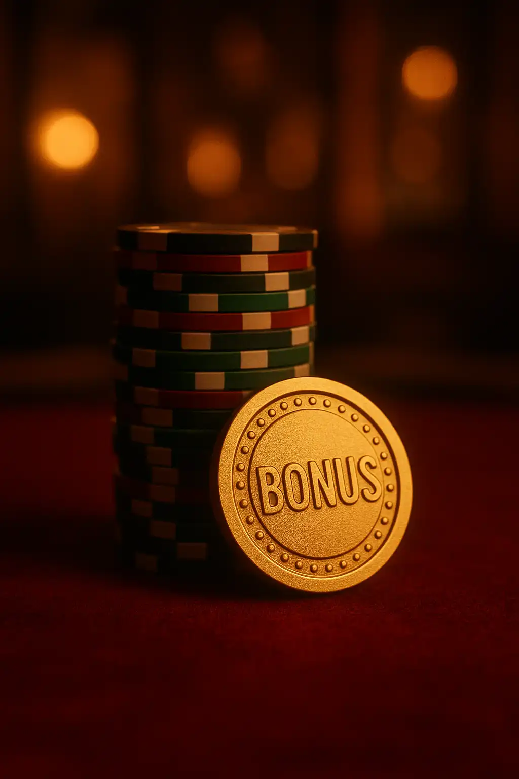 Stack of casino chips and a bonus token on a velvet card table