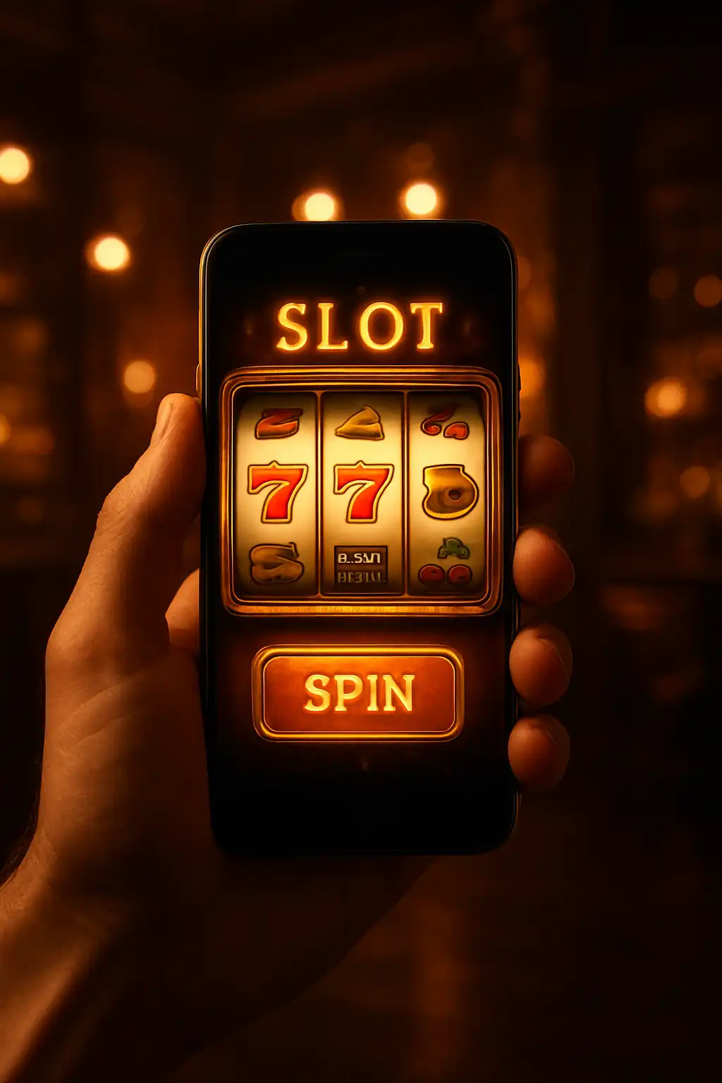 Hand holding a smartphone showing a slot game with amber casino lighting in the background